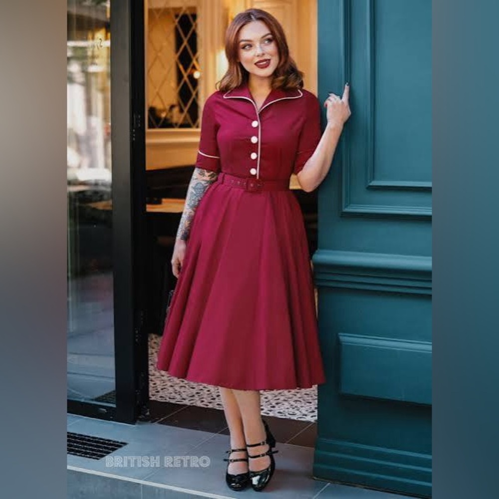 Doris Ruby Red 50s Full Circle Shirt Dress by British Retro